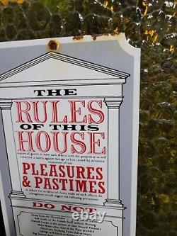 Vintage Porcelain Sign Olde Time Rules Of The House Pleasures Pastimes Do Not
