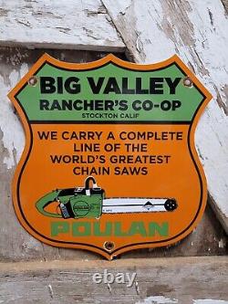 Vintage Poulan Porcelain Sign Old Big Valley Ranchers Chainsaw Farm Tools Dealer