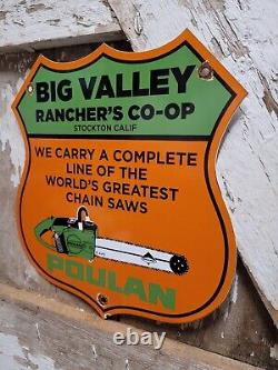 Vintage Poulan Porcelain Sign Old Big Valley Ranchers Chainsaw Farm Tools Dealer