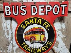Vintage Santa Fe Trailway Porcelain Sign Old Bus Depot Station Busline Display