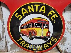 Vintage Santa Fe Trailway Porcelain Sign Old Bus Depot Station Busline Display