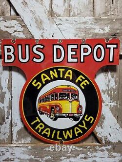 Vintage Santa Fe Trailway Porcelain Sign Old Bus Depot Station Busline Display