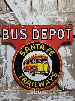 Vintage Santa Fe Trailway Porcelain Sign Old Bus Depot Station Busline Display