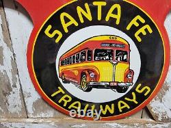 Vintage Santa Fe Trailway Porcelain Sign Old Bus Depot Station Busline Display