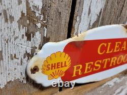 Vintage Shell Porcelain Sign Rare Old Clean Restrooms Gas Station Toilet Plaque