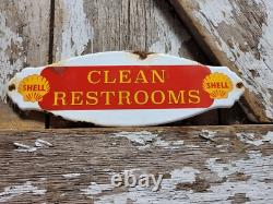 Vintage Shell Porcelain Sign Rare Old Clean Restrooms Gas Station Toilet Plaque