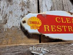 Vintage Shell Porcelain Sign Rare Old Clean Restrooms Gas Station Toilet Plaque