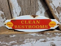 Vintage Shell Porcelain Sign Rare Old Clean Restrooms Gas Station Toilet Plaque