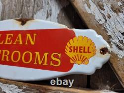 Vintage Shell Porcelain Sign Rare Old Clean Restrooms Gas Station Toilet Plaque