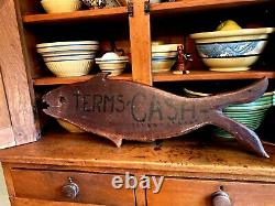 Vintage Wooden Fish TERMS CASH Sign from Old Bait and Tackle Store 29 x 10