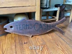 Vintage Wooden Fish TERMS CASH Sign from Old Bait and Tackle Store 29 x 10