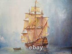 Vintage old PAINTING oil galleon ship signed