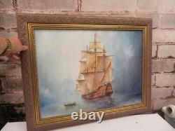 Vintage old PAINTING oil sea galleon fighting ship signed