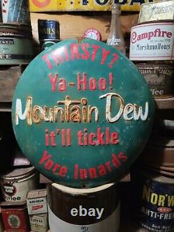 Vintage old embossed Mountain Dew soda general store gas station sign button