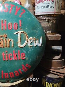 Vintage old embossed Mountain Dew soda general store gas station sign button