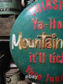 Vintage old embossed Mountain Dew soda general store gas station sign button