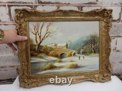 Vintage old painting WINTER fine art snow Landscape oil signed