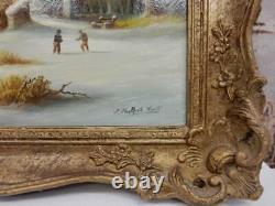 Vintage old painting WINTER fine art snow Landscape oil signed