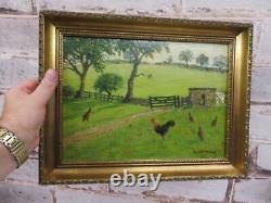 Vintage really old painting chickens field landscape signed