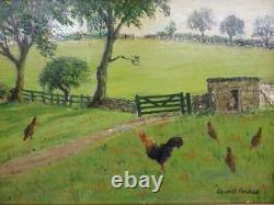 Vintage really old painting chickens field landscape signed