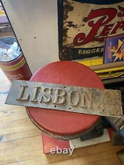 Vtg Old antique Early Lisbon town 4 M miles Hand Pointing metal road Street Sign
