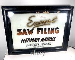 Vtg Reverse Painted Glass Trade Sign Saw Filing Ashley Falls Mass Old Antique