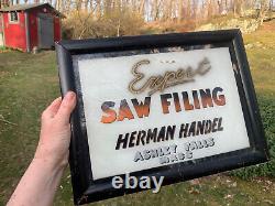 Vtg Reverse Painted Glass Trade Sign Saw Filing Ashley Falls Mass Old Antique
