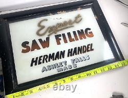Vtg Reverse Painted Glass Trade Sign Saw Filing Ashley Falls Mass Old Antique