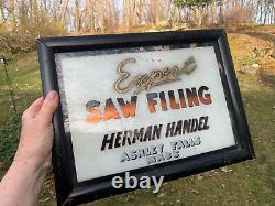 Vtg Reverse Painted Glass Trade Sign Saw Filing Ashley Falls Mass Old Antique