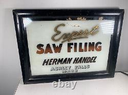 Vtg Reverse Painted Glass Trade Sign Saw Filing Ashley Falls Mass Old Antique