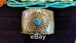 Wide Antique 40s Old Pawn Navajo Turquoise Coin Silver Concho Bracelet Signed EJ