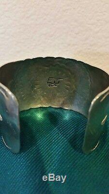 Wide Antique 40s Old Pawn Navajo Turquoise Coin Silver Concho Bracelet Signed EJ