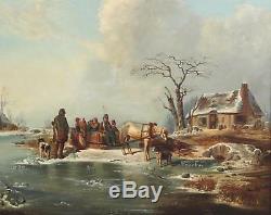 Wilhelm Meyerheim Antique Old Master Oil Painting Country Figures Snow Winter