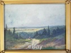 Wilson Antique Old Early American Landscape with Figure Oil Painting Ornate Frame