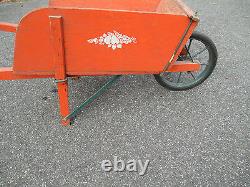 Wooden wheelbarrow antique vtg wheel barrow orange old paint